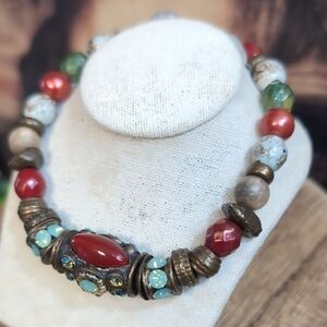 Vibrant Beaded Bracelet with Red and Green Accents